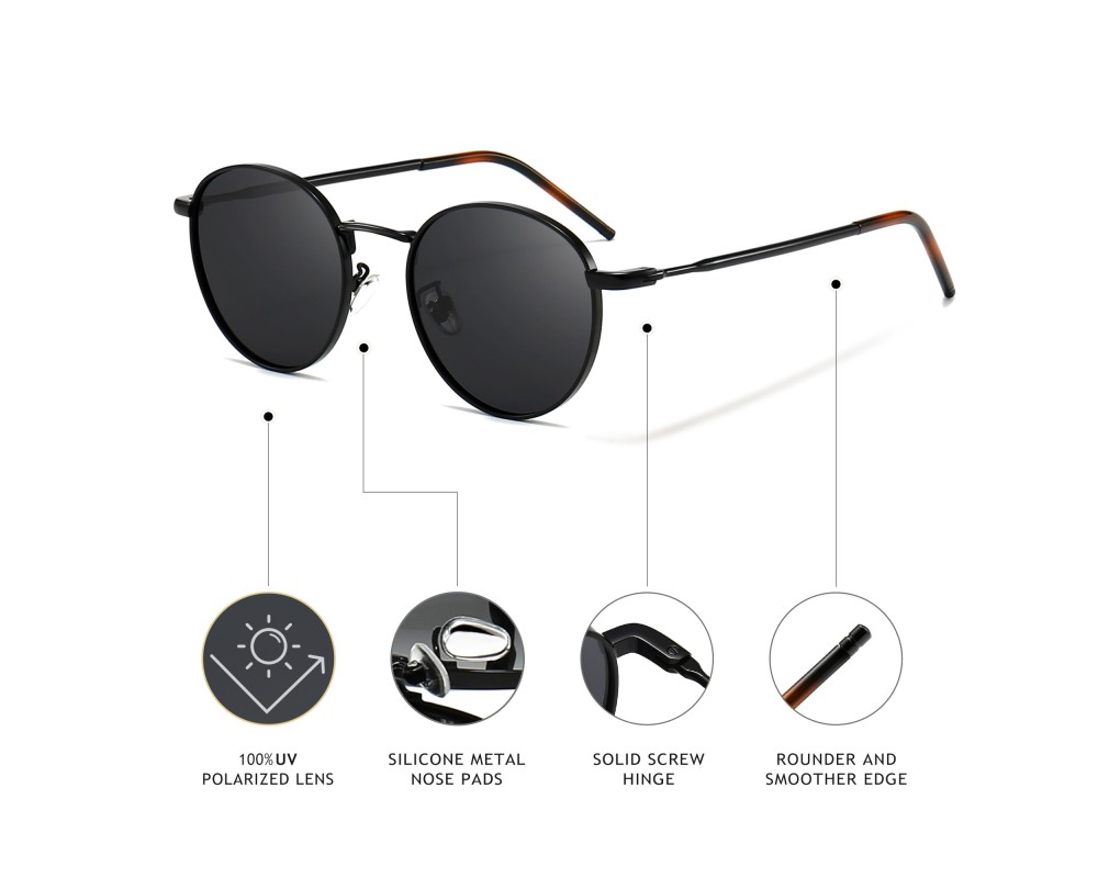 SUNGAIT 2-Pack Vintage Round Sunglasses - Polarized Retro Style For Women & Men (Matte Black/Gray + Leopard) - View #8
